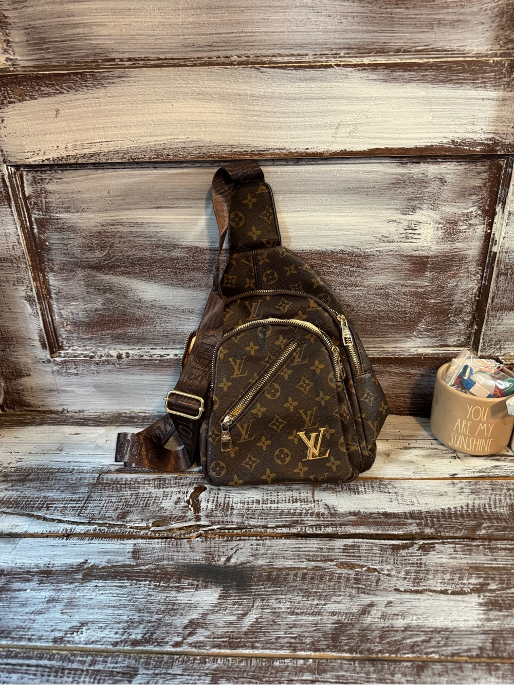 Brown Monogram Crossbody Sling Bag with Gold Hardware